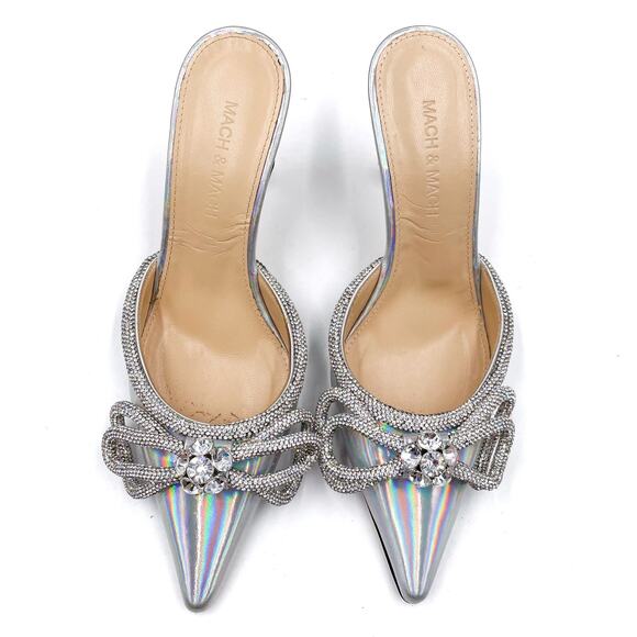 Mach & Mach Crystal Double Bow Mules Silver Iridescent Kitten Heel‎ Sz 37 / 7 - Picture 2 of 11